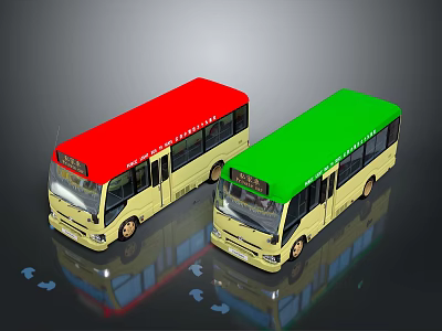 Two Yellow Buses with Red and Green Roofs Parked on Reflective Ground 3d model