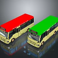 Two Yellow Buses with Red and Green Roofs Parked on Reflective Ground
