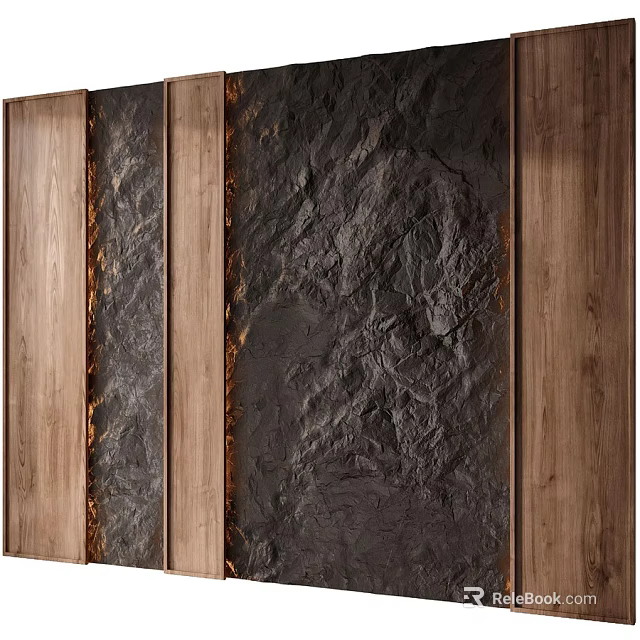 Textured Wall Design With Wooden Frames And Dark Stone Natural Texture 3d model 