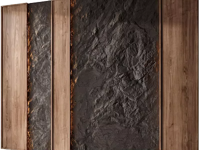 Textured Wall Design With Wooden Frames And Dark Stone Natural Texture 3d model