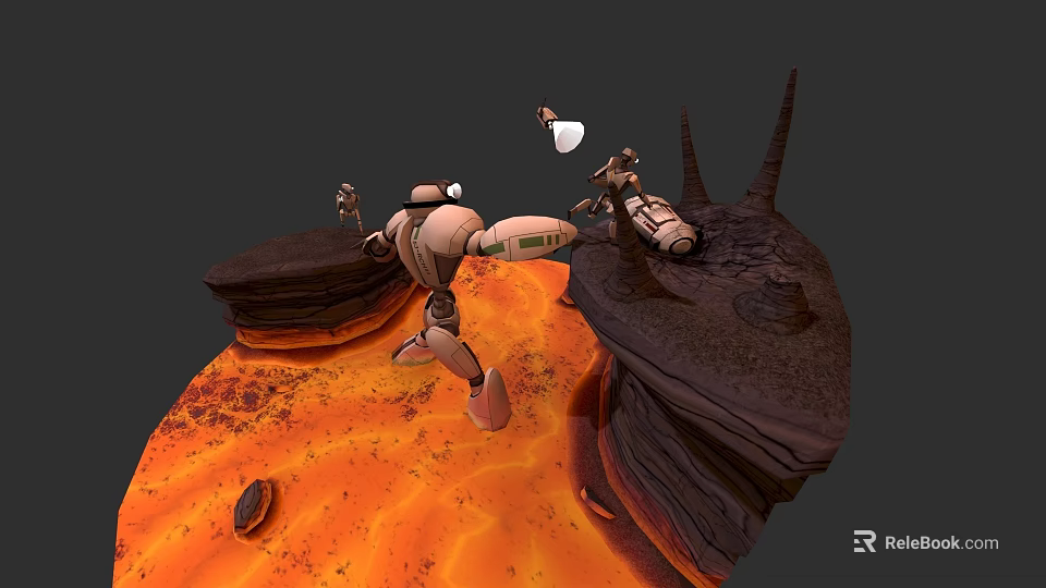 Animated Robot Character in Lava Landscape with Action Pose and Small Companion 3d model 