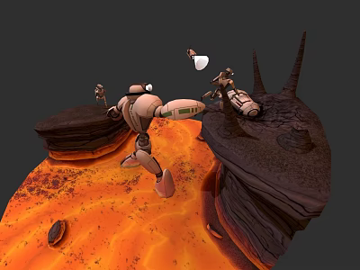 Animated Robot Character in Lava Landscape with Action Pose and Small Companion 3d model