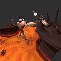 Animated Robot Character in Lava Landscape with Action Pose and Small Companion