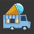 Blue Ice Cream Truck with Waffle Cone and Striped Awning Serving Cold Sweet Treats