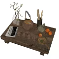 Traditional Teaware on Wooden Tea Table with Clay Teapot Cups Oranges Magazine Vase and Spoons