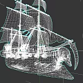 Pirate Sailing Ship with Tattered Black Sails and Skull Decoration on Bow Wooden Hull Design