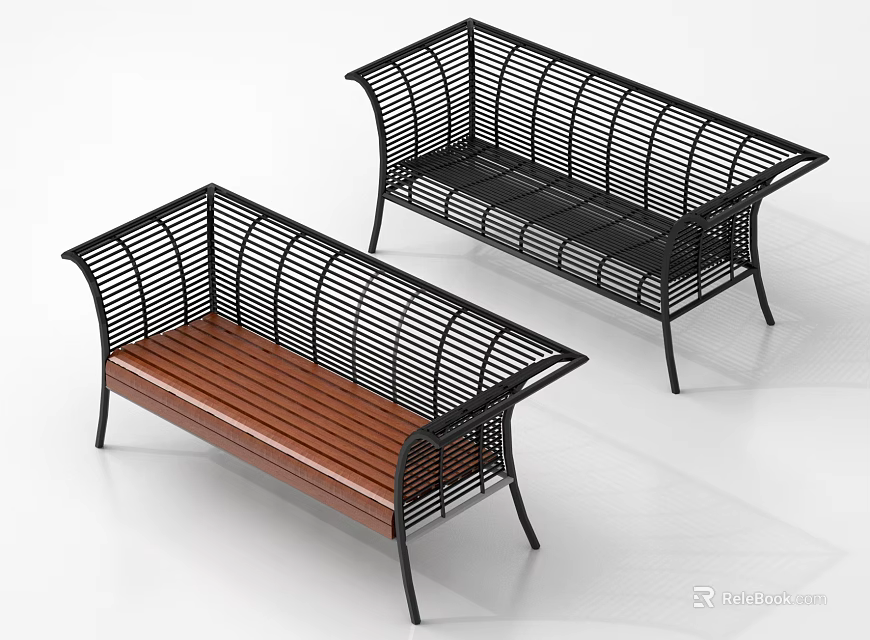 Pair of Modern Landscape Seats with Wooden Seat and Black Metal Frame 3d model 