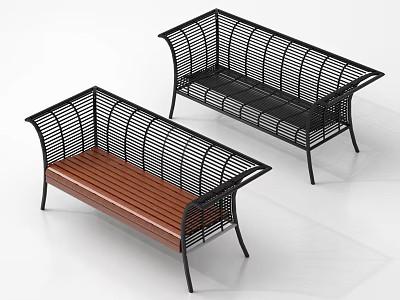 Pair of Modern Landscape Seats with Wooden Seat and Black Metal Frame 3d model