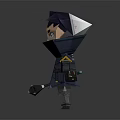 Stylized Game Character With Dark Armor Yellow Accents And Sharp Expression Holding Weapon 3d model