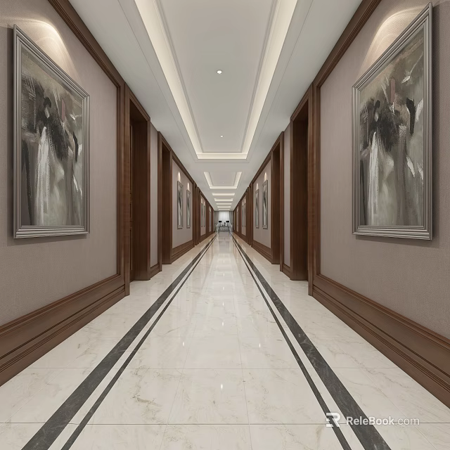 Modern Elevator Hallway Interior Design With Marble Floor And Decorative Paintings 3d model