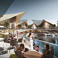 Aerial Master Plan of Modern Waterfront City With Green Spaces Architectural Designs And Road Networks