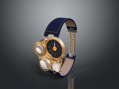Elegant Blue Strap Watch Featuring Gold Dial Multiple Circular Dials And Gold Chain 3d model