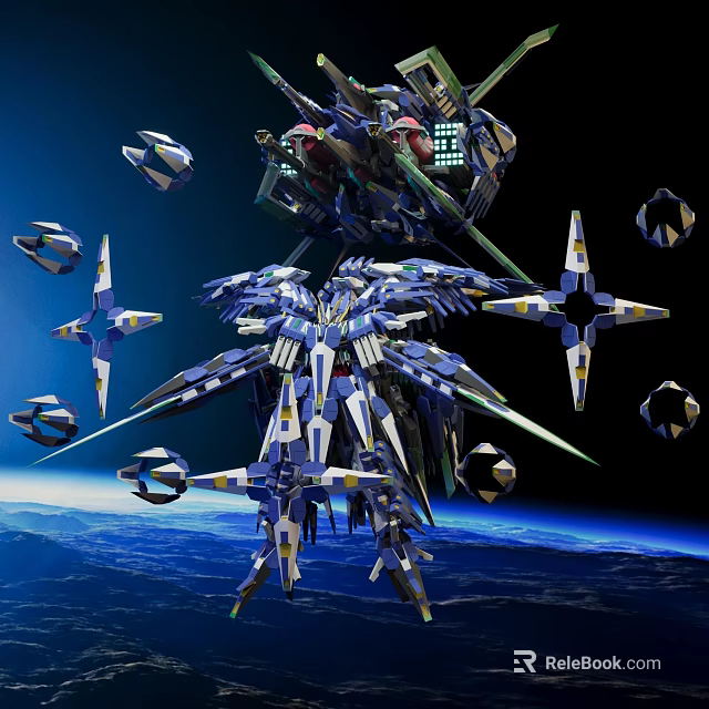 Giant Mechanical Structures In Space With Blue White Accents And Earth Background 3d model 