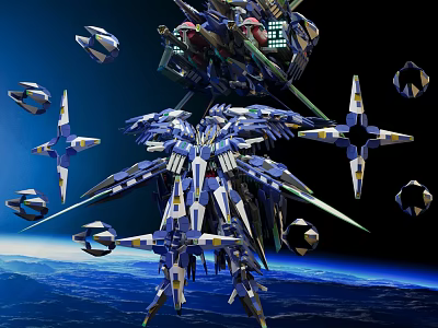 Giant Mechanical Structures In Space With Blue White Accents And Earth Background 3d model