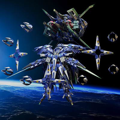 Giant Mechanical Structures In Space With Blue White Accents And Earth Background 3d model