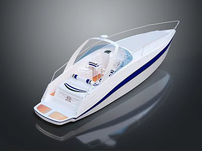 Modern White Speedboat With Blue Stripes Transparent Windshield And Interior Seats 3d model