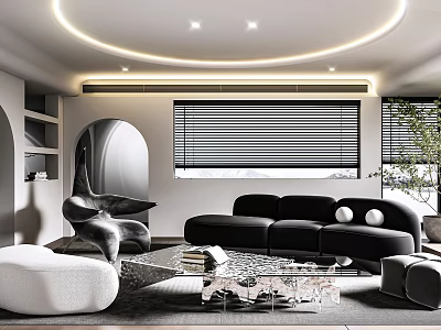 Modern Living Room Interior Design With Black Sofa White Chair And Glass Coffee Table 3d model