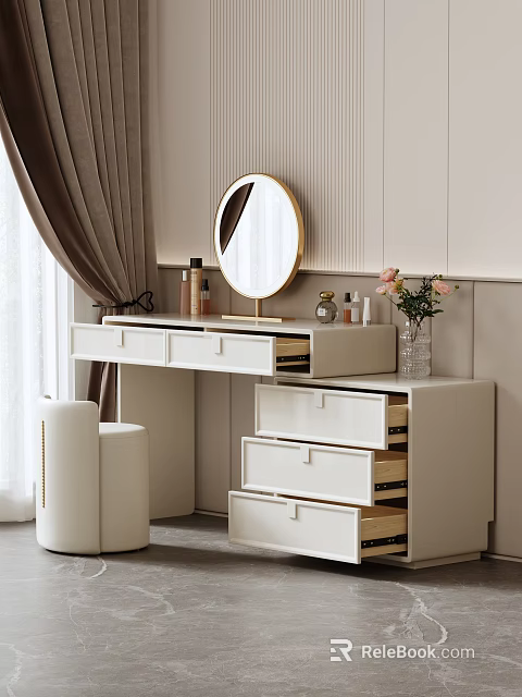 Modern Minimalist Dressing Table With Golden Round Mirror Pink Flowers Cosmetics And Drawers 3d model 
