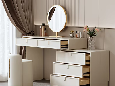 Modern Minimalist Dressing Table With Golden Round Mirror Pink Flowers Cosmetics And Drawers 3d model