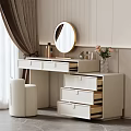 Modern Minimalist Dressing Table With Golden Round Mirror Pink Flowers Cosmetics And Drawers