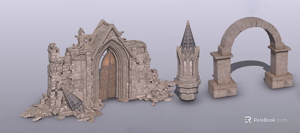 Detailed Gothic Ancient Architecture With Stone Walls Wooden Door Arches And Spires 3d model 