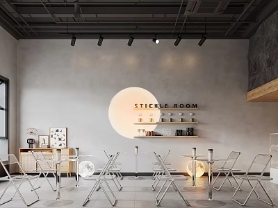Stylish Café Interior Design With Gray Wall Circular Decoration Metal Tables And Chairs And Shelves 3d model