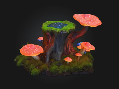 Stone And Wood Tree Stump With Green Moss Small Pond Red Orange Mushrooms Natural Texture 3d model