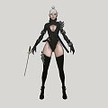 A Woman With White Hair In Black Tight Outfit Holding A Sword Standing