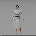 Woman in White Layered Dress with Purple Waistband Long Sleeves White Shoes Against Gray Background
