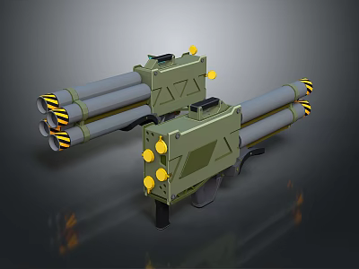 Green Multi Barrel Weapon With Yellow Warning Stripes And Launcher Structure 3d model