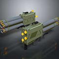 Green Multi Barrel Weapon With Yellow Warning Stripes And Launcher Structure 3d model