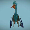 Feathered Flying Pterosaur With Blue Feathers Orange Beak And Blue Wings In Flight