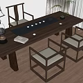 Traditional Wooden Tea Table and Chairs With Tea Set Teacups Book and Potted Plant
