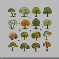 Floral Art Display Showcasing Various Colorful Tree Illustrations In Different Styles 3d model
