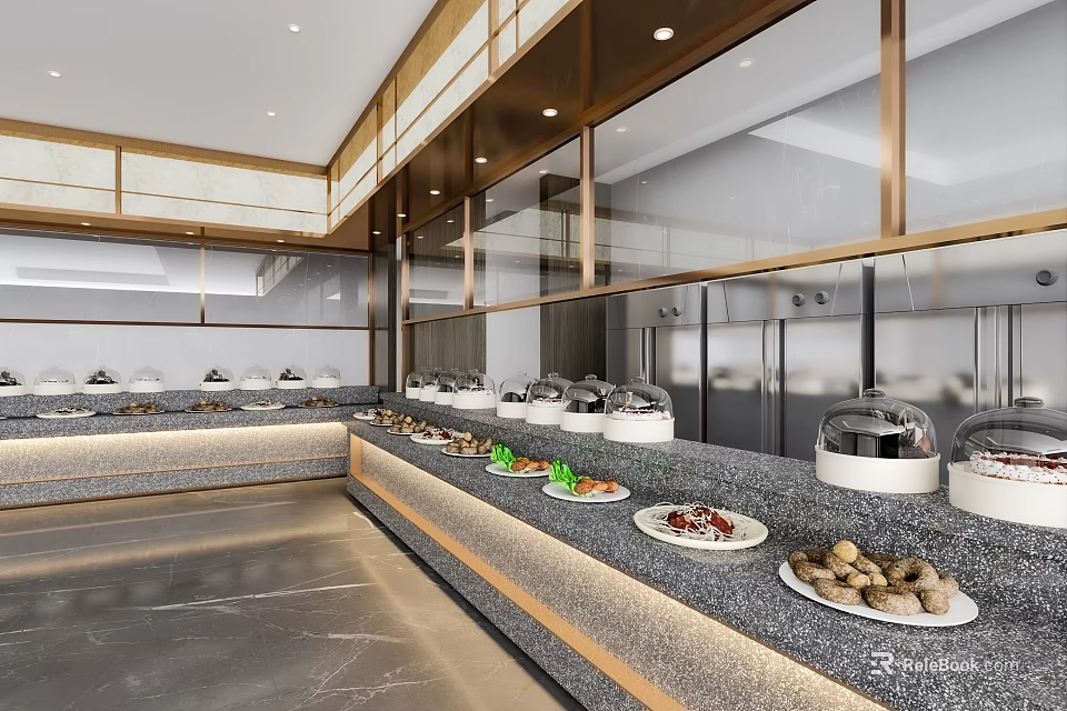 Elegant Modern Buffet Dining Area With Marble Counter And Fresh Food Displays 3d model 