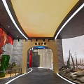 Modern Exhibition Space With Red Walls White Display Boards And Glass Cases