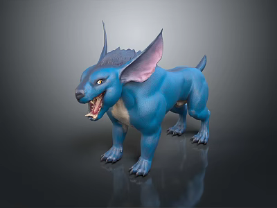 Blue Fantasy Creature with Large Ears Spiked Back and Open Mouth 3d model
