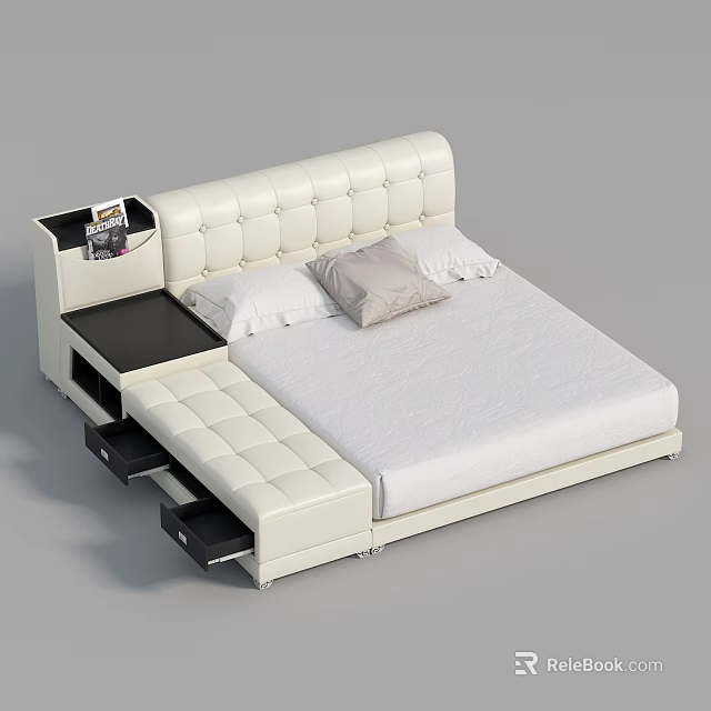 Modern White Leather Double Bed with Tufted Headboard Bedside Table and Drawers 3d model