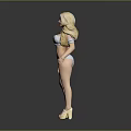 Blonde Woman In Gray Bikini Posing With White High Heels Against Gray Background