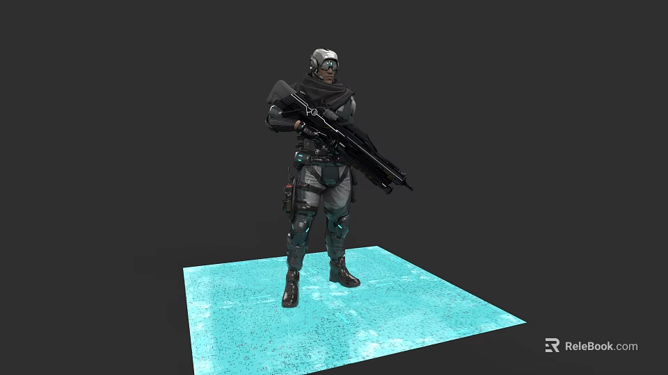 Game Movie Character Wearing Armored Suit Holding Sniper Rifle Standing On Blue Platform 3d model 