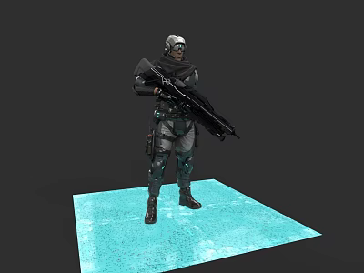 Game Movie Character Wearing Armored Suit Holding Sniper Rifle Standing On Blue Platform 3d model