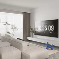 Modern Living and Dining Room Interior With Light Gray Sofa Blue Decor And Green Plants