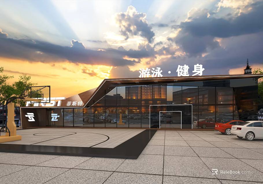 Swimming And Fitness Center Exterior With Basketball Court Soccer Field And Sunset Sky View 3d model 