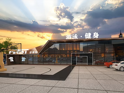 Swimming And Fitness Center Exterior With Basketball Court Soccer Field And Sunset Sky View 3d model