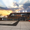 Swimming And Fitness Center Exterior With Basketball Court Soccer Field And Sunset Sky View