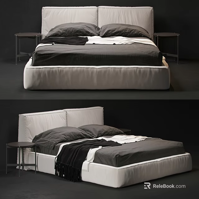 Modern Double Bed With White Headboard Gray Bedding Black Throw Blanket And Side Tables 3d model 