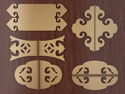 Artistic Golden Carved Decorative Designs In Various Shapes On Wooden Background 3d model