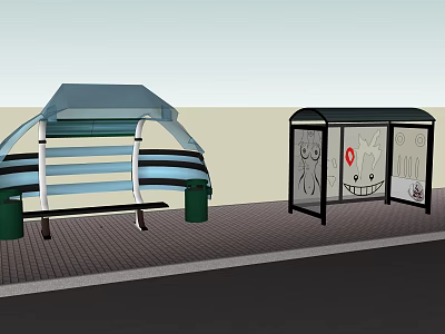 Modern Bus Shelter Designs With Seating And Glass Structure Elements 3d model