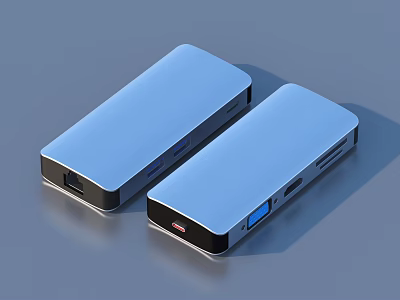 Two Blue Metallic Power Banks With USB Ports And Indicator Lights 3d model