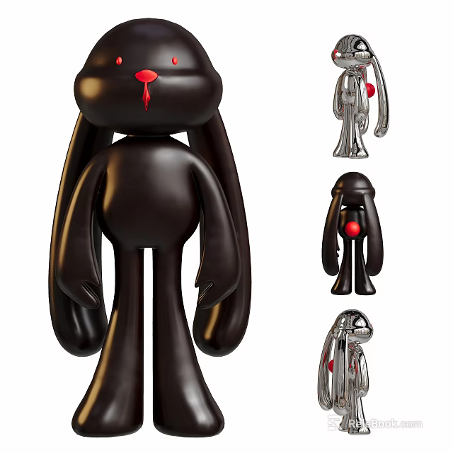 Stylish Black Long Eared Doll With Red Nose Eyes And Silver Black Versions 3d model 